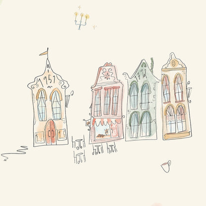 Illustrated wallpaper with small buildings, people, and decorative elements on a light background