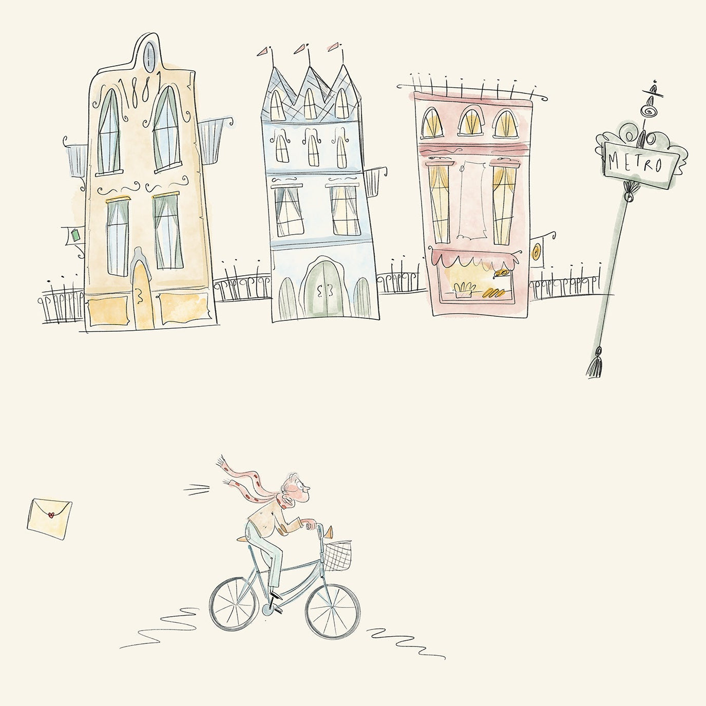 Illustrated wallpaper with small buildings, people, and decorative elements on a light background