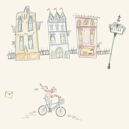 Illustrated wallpaper with small buildings, people, and decorative elements on a light background