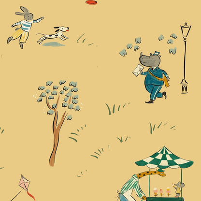 Bemelmans wallpaper animals in the park illustration wallpaper kids wallpaper yellow kids wallpaper city park wallpaper