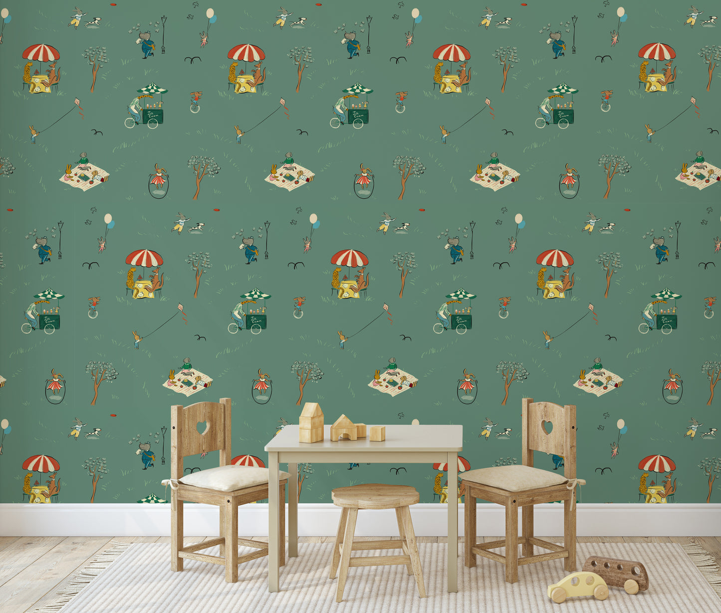 Bemelmans wallpaper animals in the park illustration wallpaper kids wallpaper green park city park wallpaper