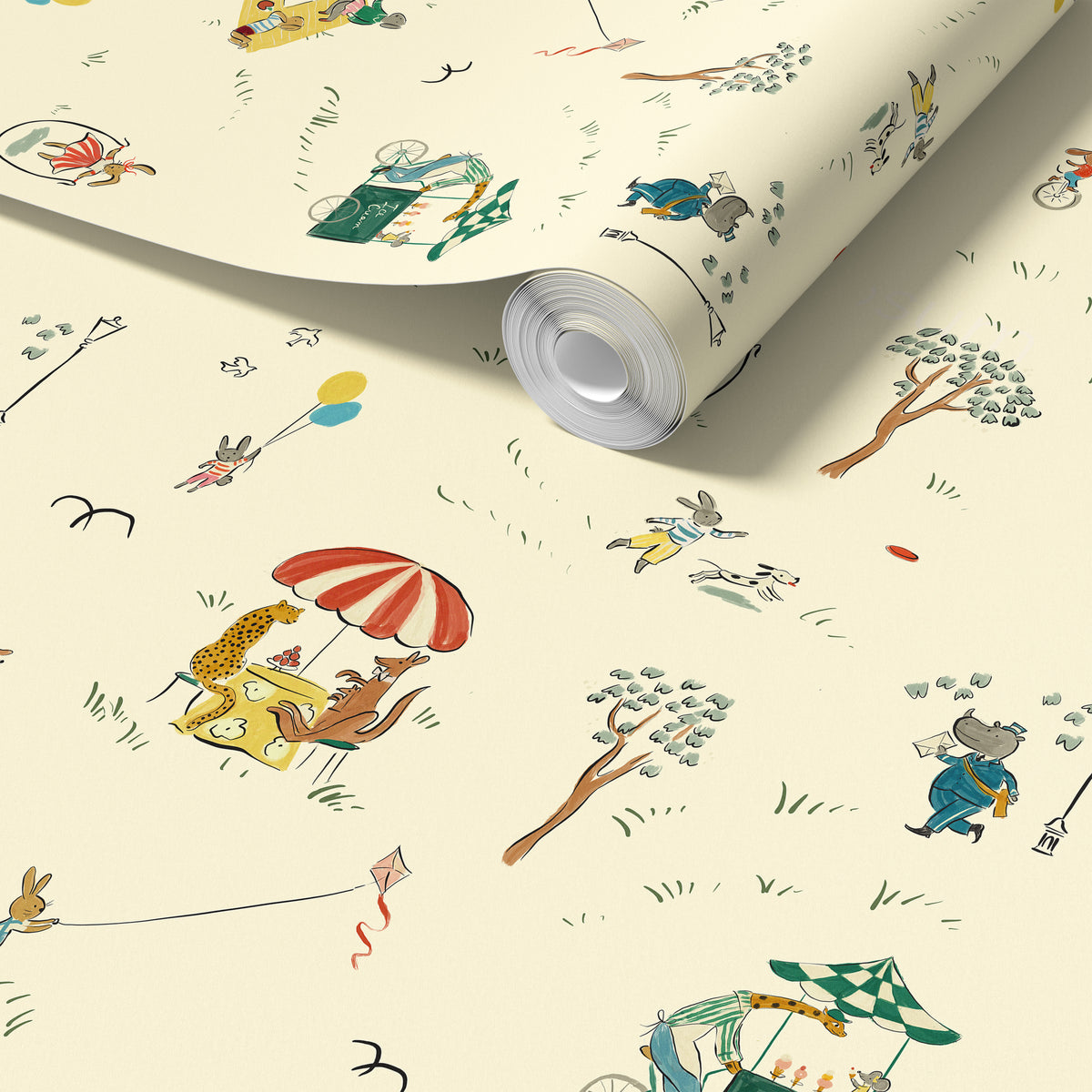 Roll of wallpaper with illustrated animal designs on a beige background