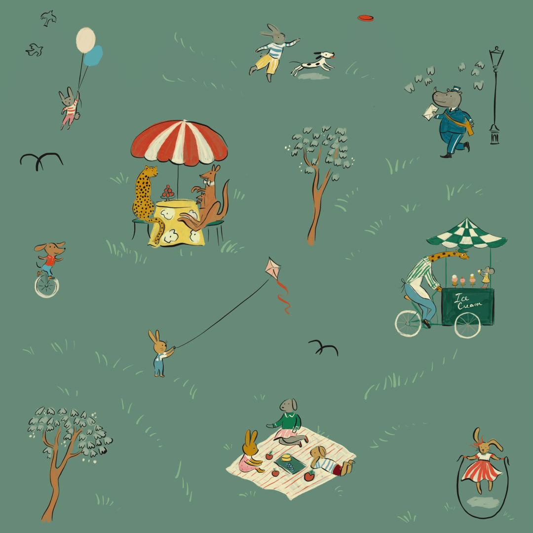 Bemelmans wallpaper animals in the park illustration wallpaper kids wallpaper green park city park wallpaper