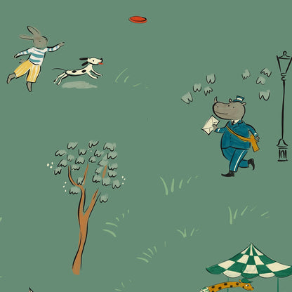Bemelmans wallpaper animals in the park illustration wallpaper kids wallpaper green park city park wallpaper