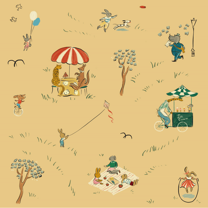 Bemelmans wallpaper animals in the park illustration wallpaper kids wallpaper yellow kids wallpaper city park wallpaper