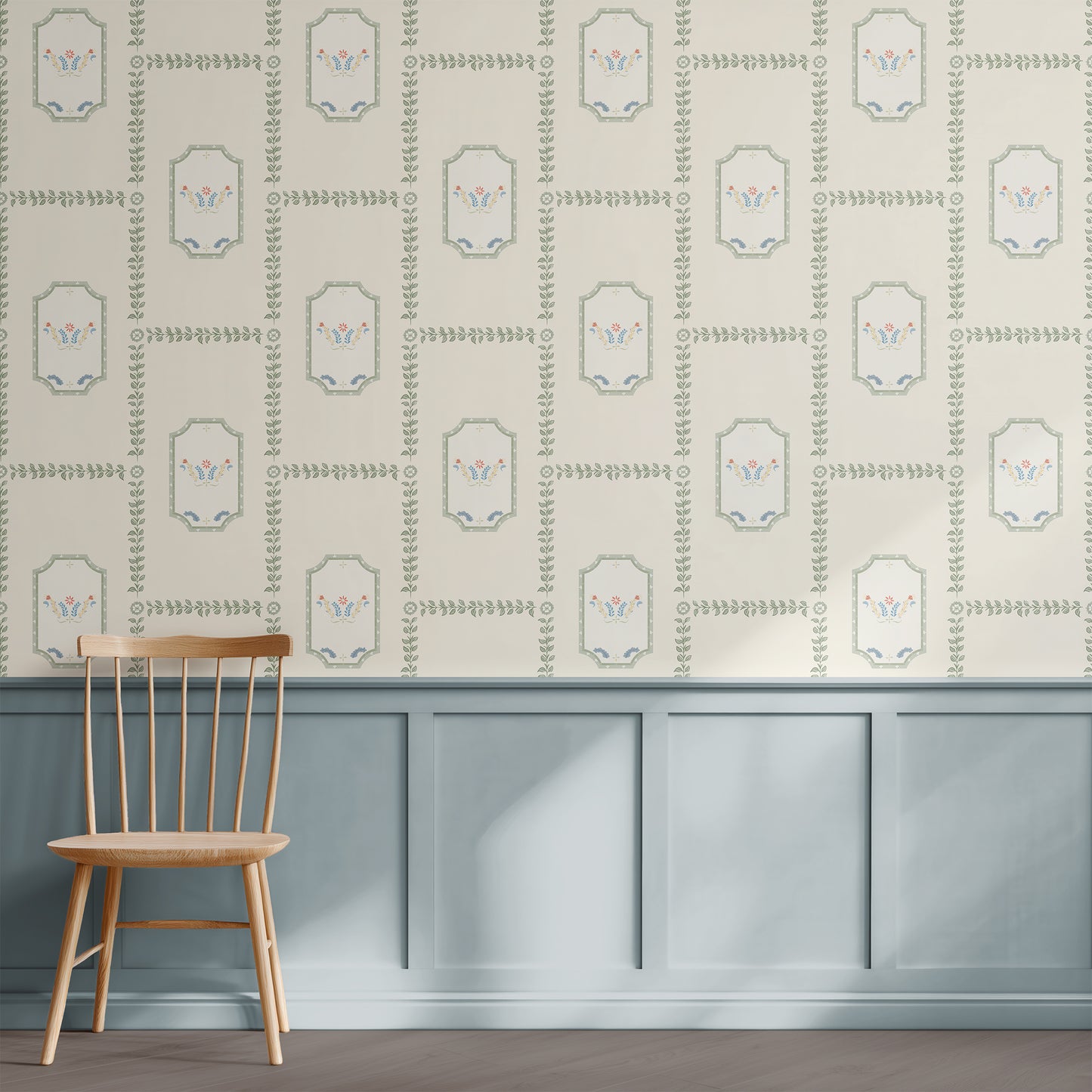 Wooden chair in front of a wall with decorative patterned wallpaper.