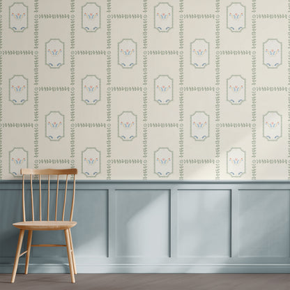 Wooden chair in front of a wall with decorative patterned wallpaper.