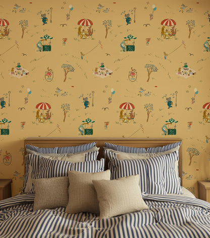 Bemelmans wallpaper animals in the park illustration wallpaper kids wallpaper yellow kids wallpaper city park wallpaper