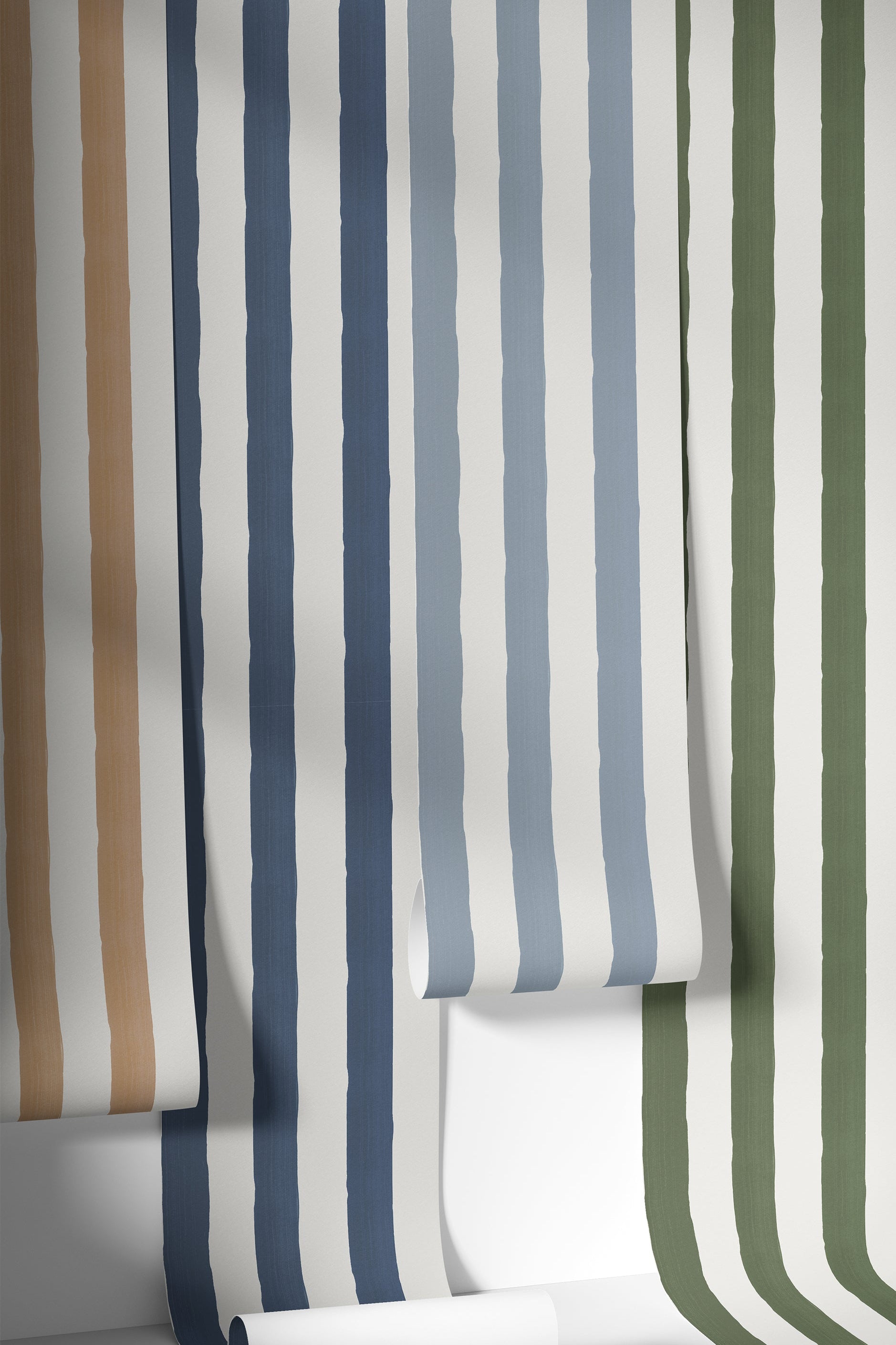 Rolls of striped wallpaper in various colors on a white background