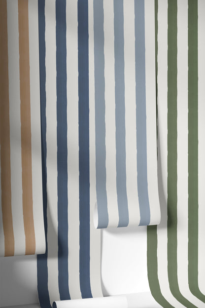 Rolls of striped wallpaper in various colors on a white background
