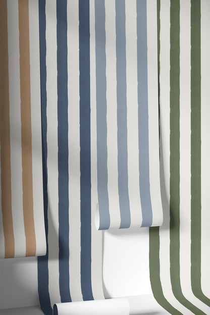 Rolls of striped wallpaper in various colors on a white background