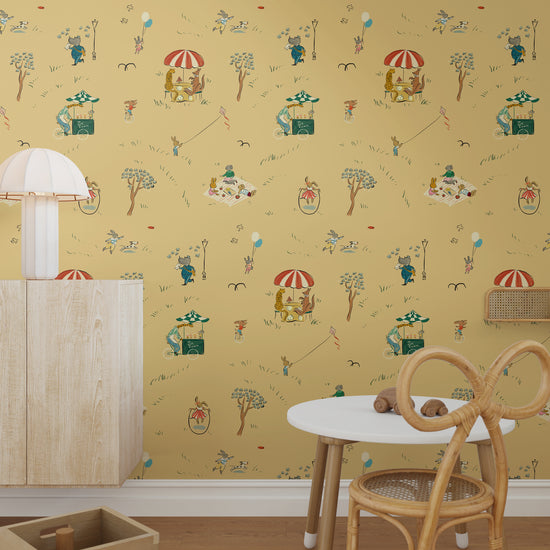 Bemelmans wallpaper animals in the park illustration wallpaper kids wallpaper yellow kids wallpaper city park wallpaper